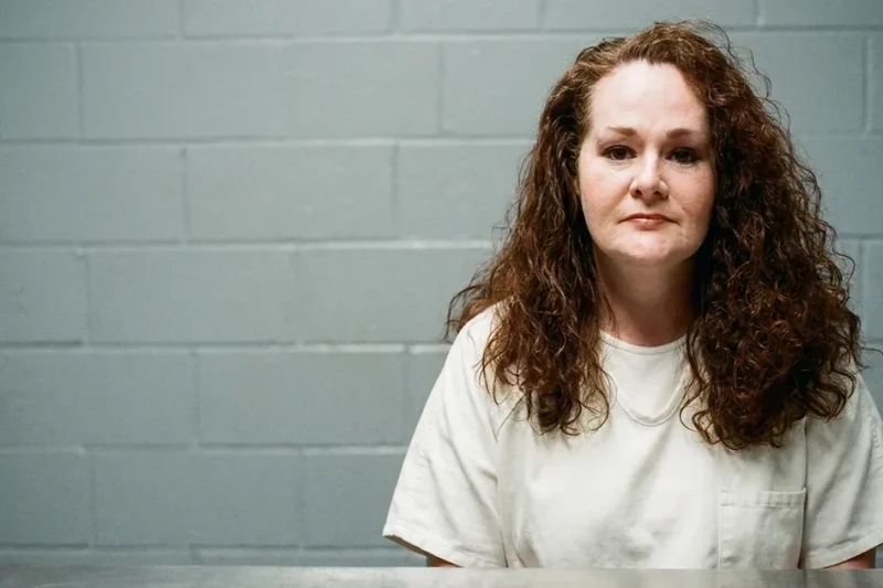 A woman with long auburn curly hair in a white prison shirt sits at a steel table against a gray cinder-block wall, facing the camera