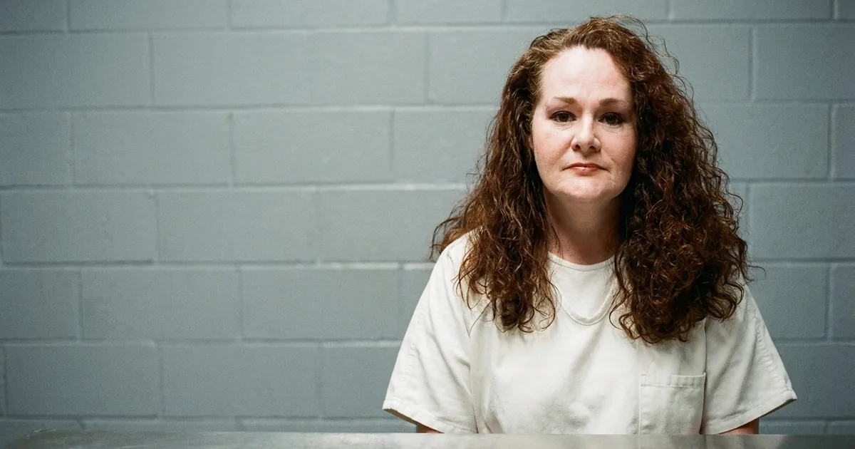 A woman with long auburn curly hair in a white prison shirt sits at a steel table against a gray cinder-block wall, facing the camera