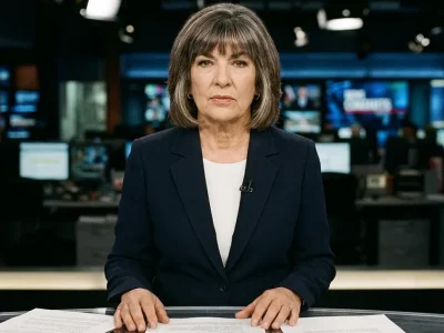 Christiane Amanpour seated at a news anchor desk in a dark blazer, facing the camera with printed pages in front of her and a newsroom behind