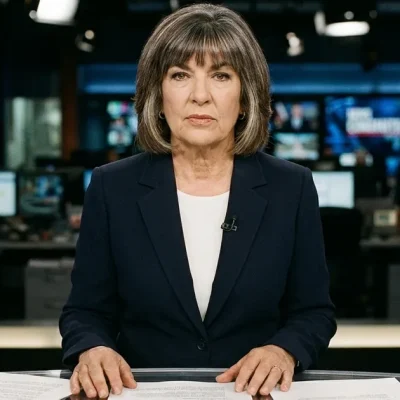 Christiane Amanpour seated at a news anchor desk in a dark blazer, facing the camera with printed pages in front of her and a newsroom behind