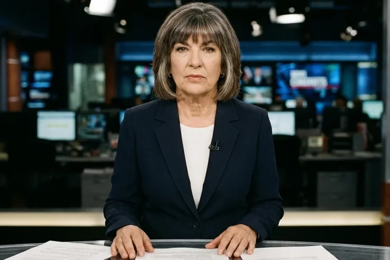 Christiane Amanpour seated at a news anchor desk in a dark blazer, facing the camera with printed pages in front of her and a newsroom behind