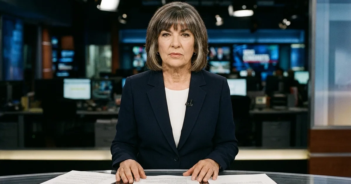 Christiane Amanpour seated at a news anchor desk in a dark blazer, facing the camera with printed pages in front of her and a newsroom behind