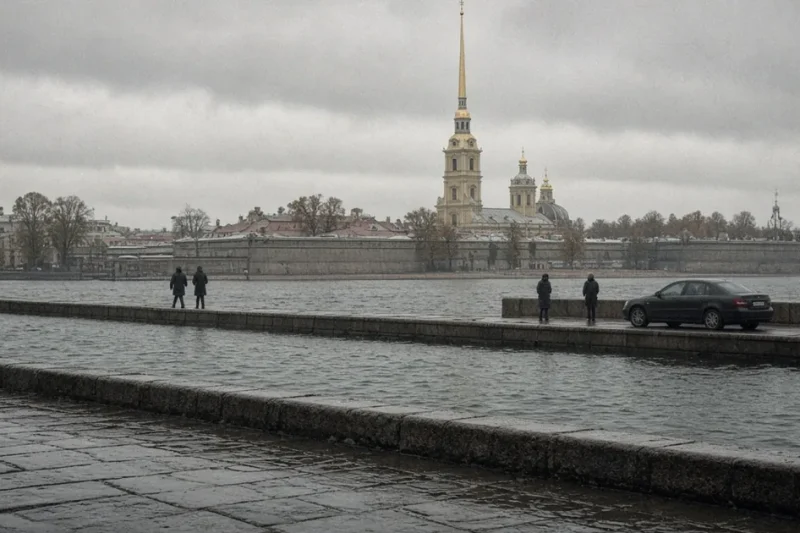 Overcast view across the Neva River in St. Petersburg toward the gold spire of the Peter and Paul Cathedral, with a dark sedan parked on the stone embankment