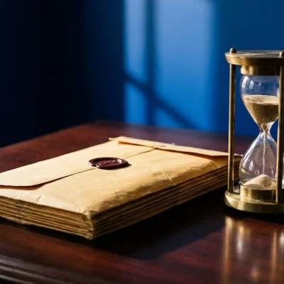 A manila envelope with a red wax seal beside a brass hourglass on a mahogany desk in front of a blue wall