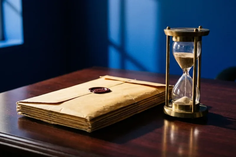 A manila envelope with a red wax seal beside a brass hourglass on a mahogany desk in front of a blue wall