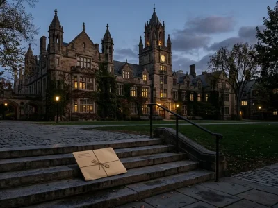 A gothic stone university building lit at dusk, with a closed case folder resting on the steps of the quad