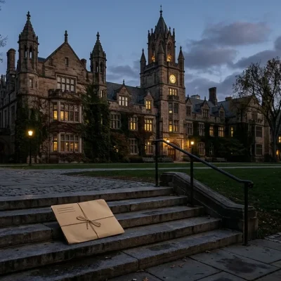 A gothic stone university building lit at dusk, with a closed case folder resting on the steps of the quad