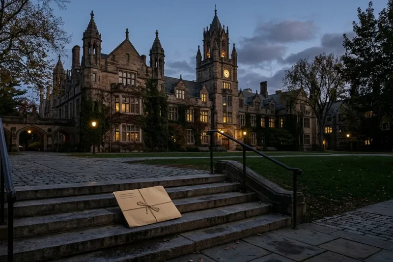 A gothic stone university building lit at dusk, with a closed case folder resting on the steps of the quad