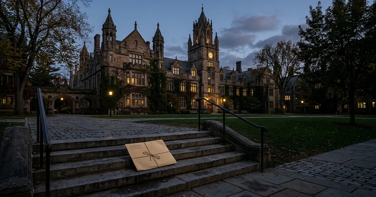 A gothic stone university building lit at dusk, with a closed case folder resting on the steps of the quad