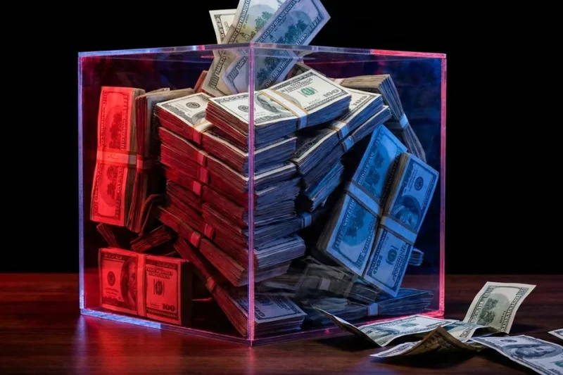 A clear acrylic ballot box packed with bundles of hundred-dollar bills, loose bills spilling from the slot onto a dark table under red and blue light