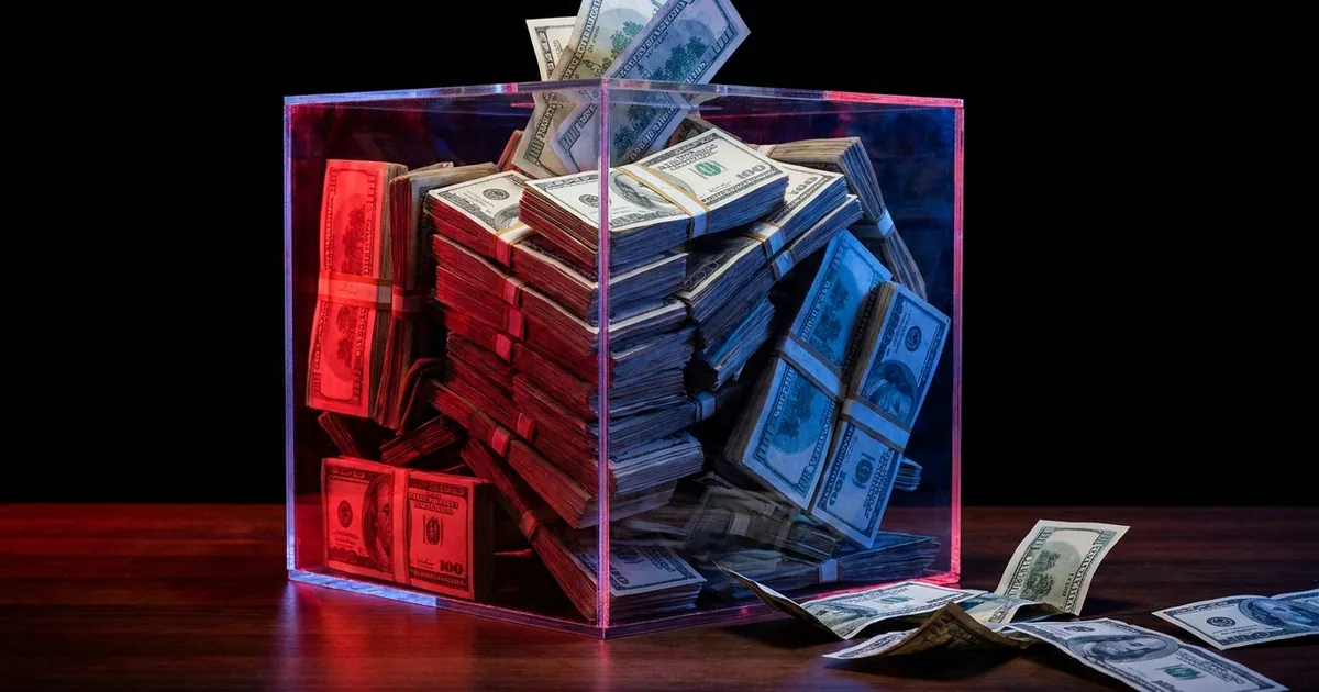 A clear acrylic ballot box packed with bundles of hundred-dollar bills, loose bills spilling from the slot onto a dark table under red and blue light
