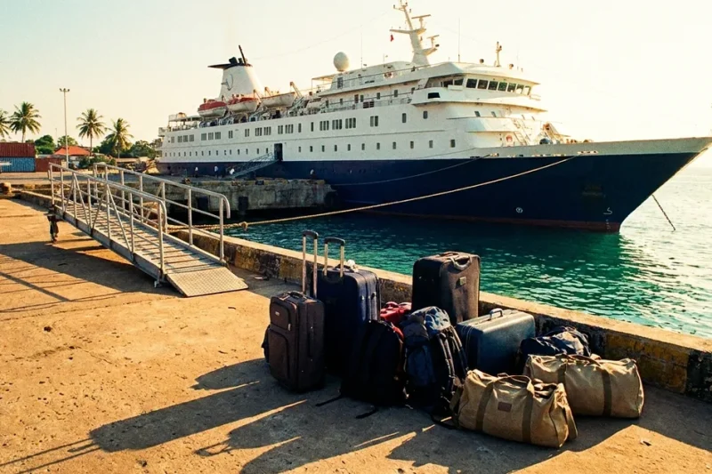 Rolling suitcases and duffel bags piled on a sunlit concrete pier beside the gangway of a white cruise ship with a dark blue hull