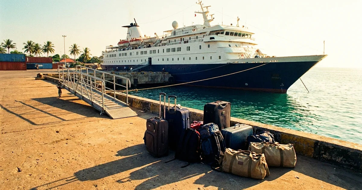 Rolling suitcases and duffel bags piled on a sunlit concrete pier beside the gangway of a white cruise ship with a dark blue hull