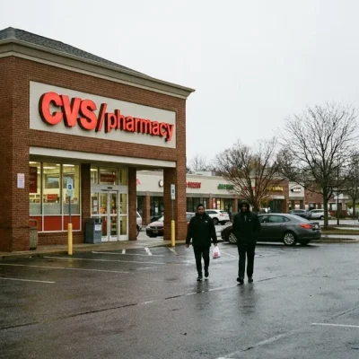 Two shoppers walk across a wet parking lot from a CVS Pharmacy store on an overcast autumn day