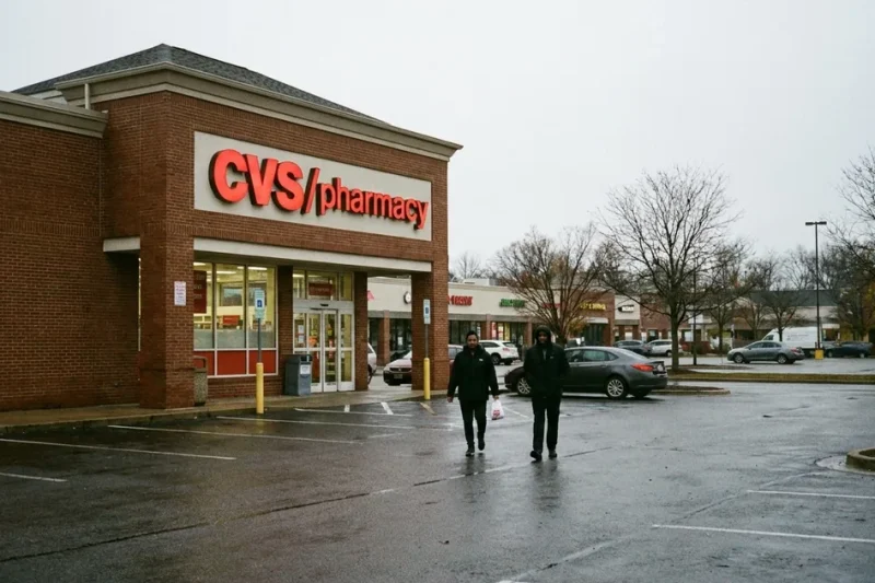 Two shoppers walk across a wet parking lot from a CVS Pharmacy store on an overcast autumn day