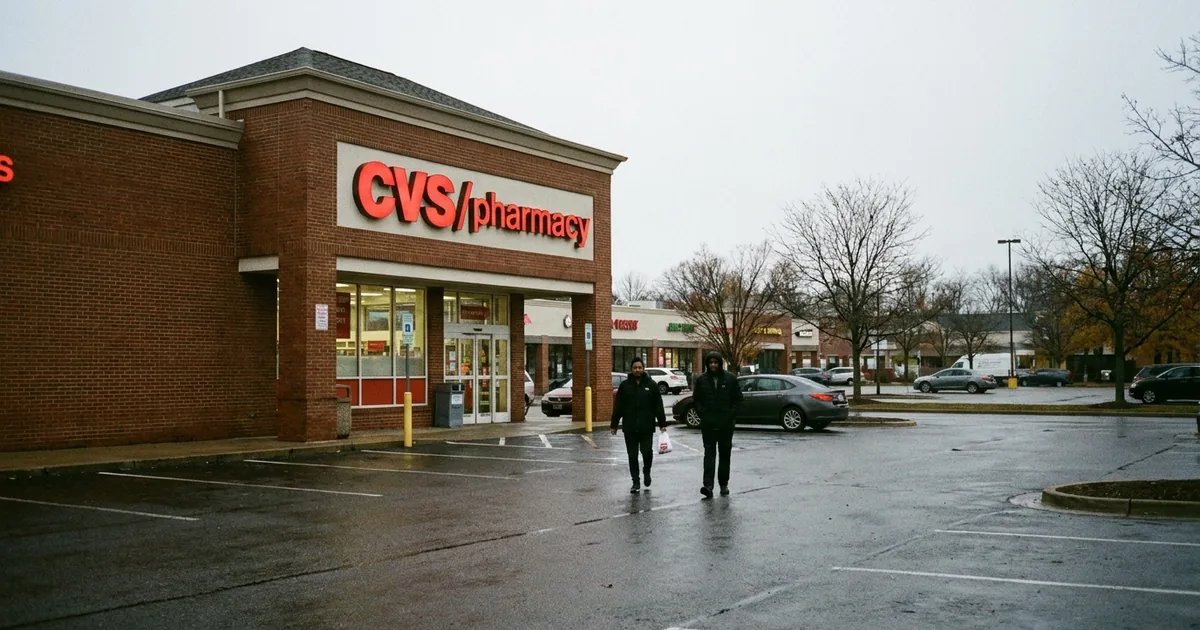Two shoppers walk across a wet parking lot from a CVS Pharmacy store on an overcast autumn day