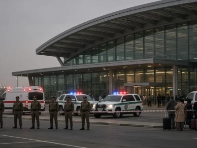 Ambulances and police vehicles with lights on and uniformed security personnel behind barrier tape outside a glass airport terminal at dusk