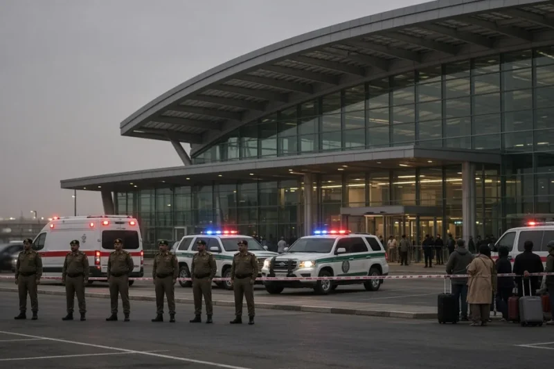 Ambulances and police vehicles with lights on and uniformed security personnel behind barrier tape outside a glass airport terminal at dusk