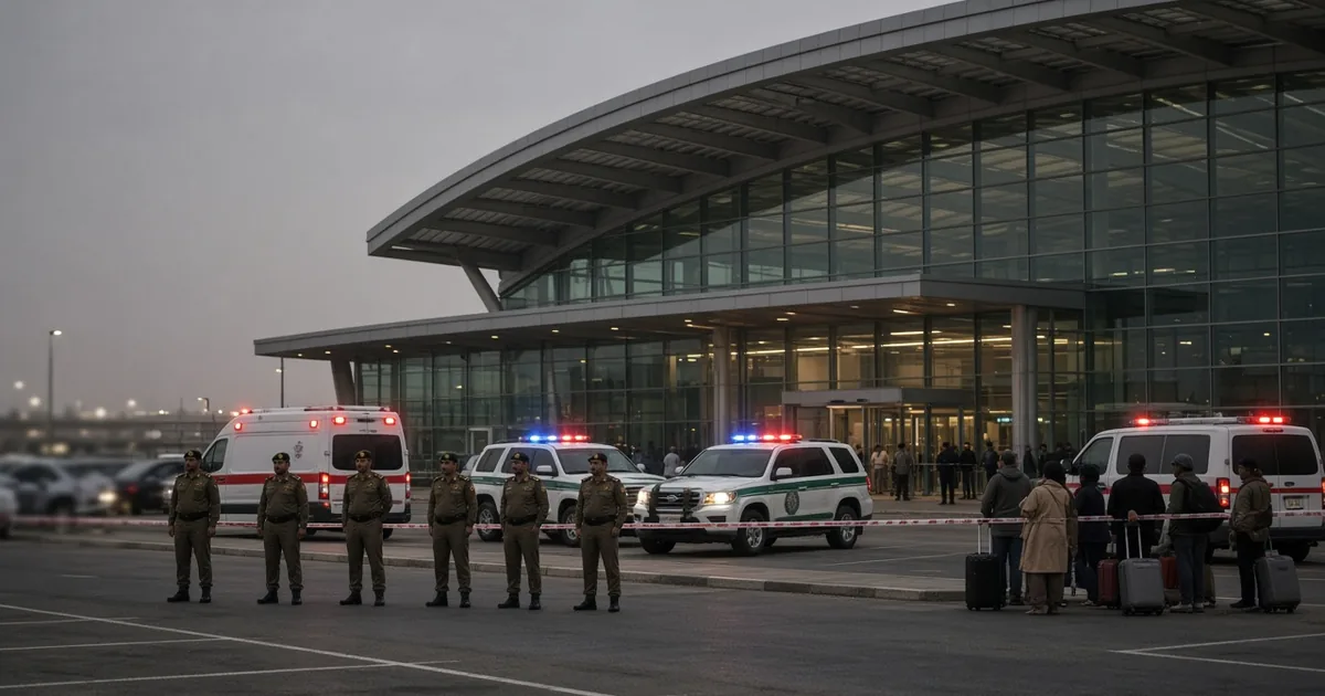 Ambulances and police vehicles with lights on and uniformed security personnel behind barrier tape outside a glass airport terminal at dusk