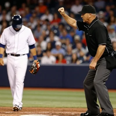 A first base umpire pumping his fist to signal a swing on an appeal while the batter walks away from the plate with his head down and the catcher stands up.