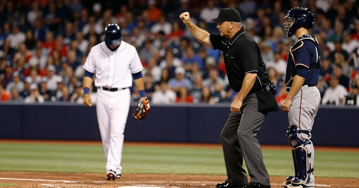 A first base umpire pumping his fist to signal a swing on an appeal while the batter walks away from the plate with his head down and the catcher stands up.