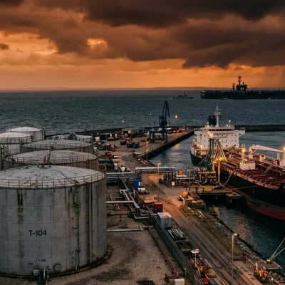 Diesel storage tanks and a moored tanker at a port terminal at dusk with a warship on the horizon