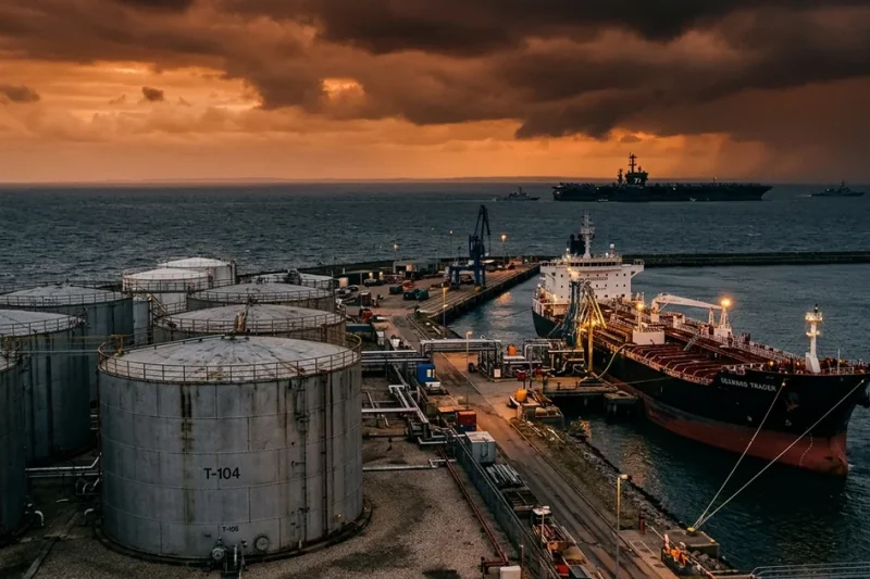 Diesel storage tanks and a moored tanker at a port terminal at dusk with a warship on the horizon