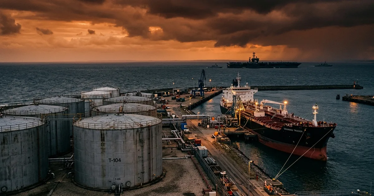 Diesel storage tanks and a moored tanker at a port terminal at dusk with a warship on the horizon