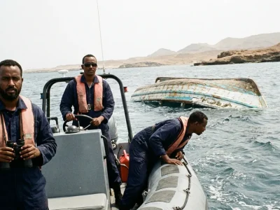 Illustration: three coast guard crew in navy uniforms and orange life vests on a grey inflatable patrol boat scan choppy water near an overturned wooden boat hull off an arid, rocky coastline