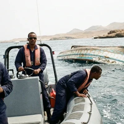 Illustration: three coast guard crew in navy uniforms and orange life vests on a grey inflatable patrol boat scan choppy water near an overturned wooden boat hull off an arid, rocky coastline