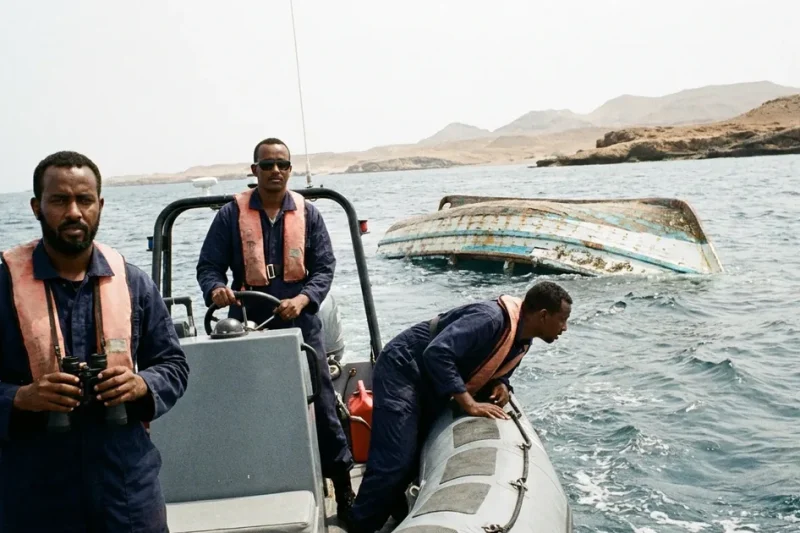 Illustration: three coast guard crew in navy uniforms and orange life vests on a grey inflatable patrol boat scan choppy water near an overturned wooden boat hull off an arid, rocky coastline