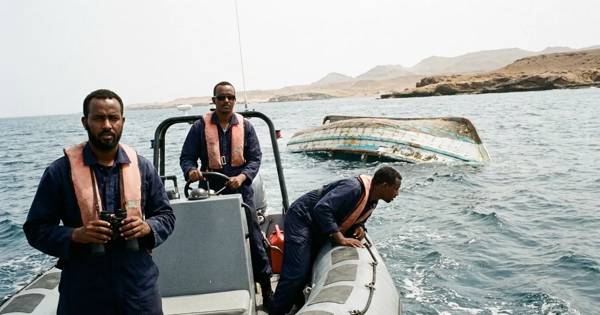 Illustration: three coast guard crew in navy uniforms and orange life vests on a grey inflatable patrol boat scan choppy water near an overturned wooden boat hull off an arid, rocky coastline