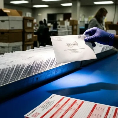 A gloved election worker lifts one mail ballot envelope out of a long tray of envelopes at a blue table
