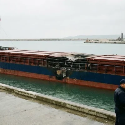A blue-hulled cargo ship with a scorched, buckled section of deck moored at a port quay under an overcast sky, as two uniformed officers and a worker in an orange jacket talk in the foreground