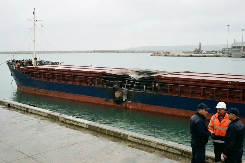 A blue-hulled cargo ship with a scorched, buckled section of deck moored at a port quay under an overcast sky, as two uniformed officers and a worker in an orange jacket talk in the foreground