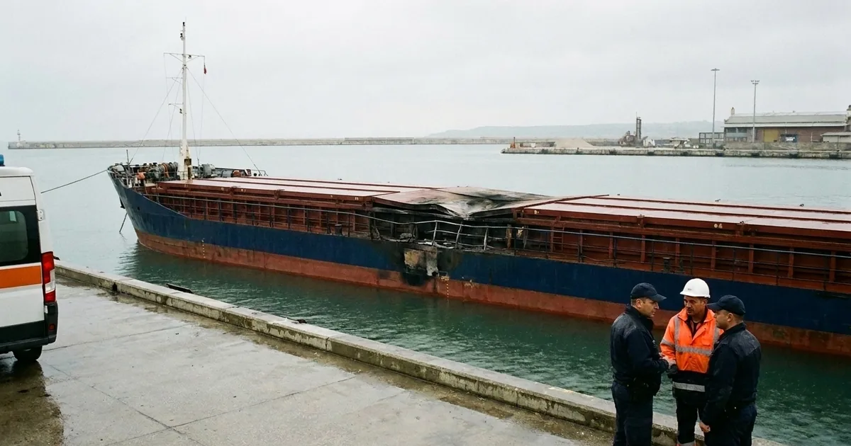 A blue-hulled cargo ship with a scorched, buckled section of deck moored at a port quay under an overcast sky, as two uniformed officers and a worker in an orange jacket talk in the foreground