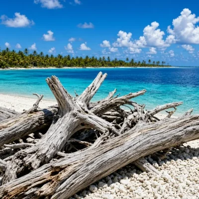 A pile of bleached tree trunks on bright white coral sand beside a turquoise lagoon under a blue sky with palm trees on the far shore