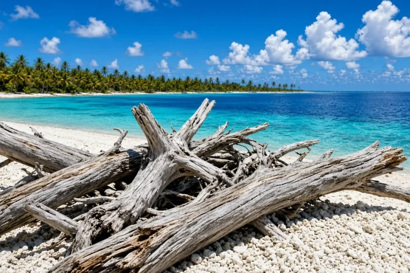 A pile of bleached tree trunks on bright white coral sand beside a turquoise lagoon under a blue sky with palm trees on the far shore