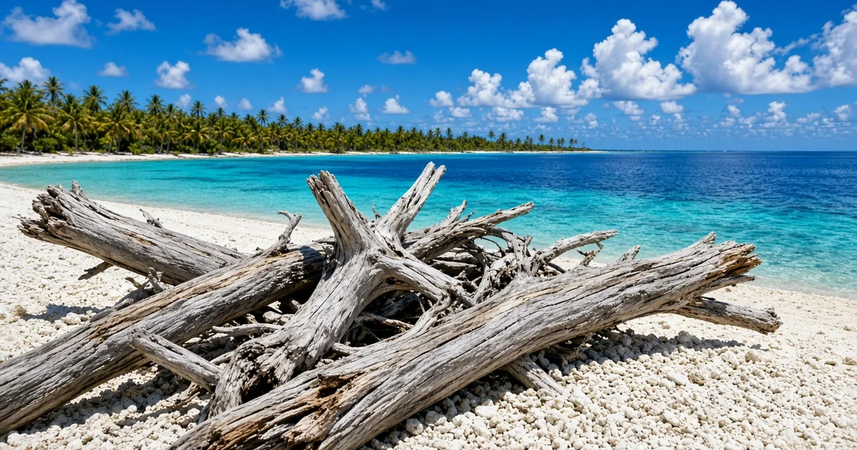 A pile of bleached tree trunks on bright white coral sand beside a turquoise lagoon under a blue sky with palm trees on the far shore