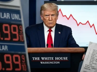Donald Trump at a White House podium in front of a falling red chart, with a gas price sign showing 5.99 dollars and a grocery receipt in the foreground