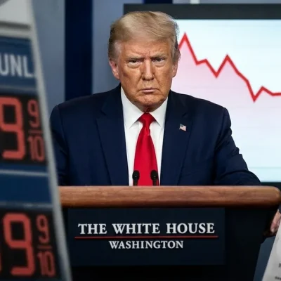 Donald Trump at a White House podium in front of a falling red chart, with a gas price sign showing 5.99 dollars and a grocery receipt in the foreground
