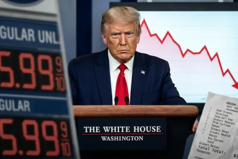 Donald Trump at a White House podium in front of a falling red chart, with a gas price sign showing 5.99 dollars and a grocery receipt in the foreground