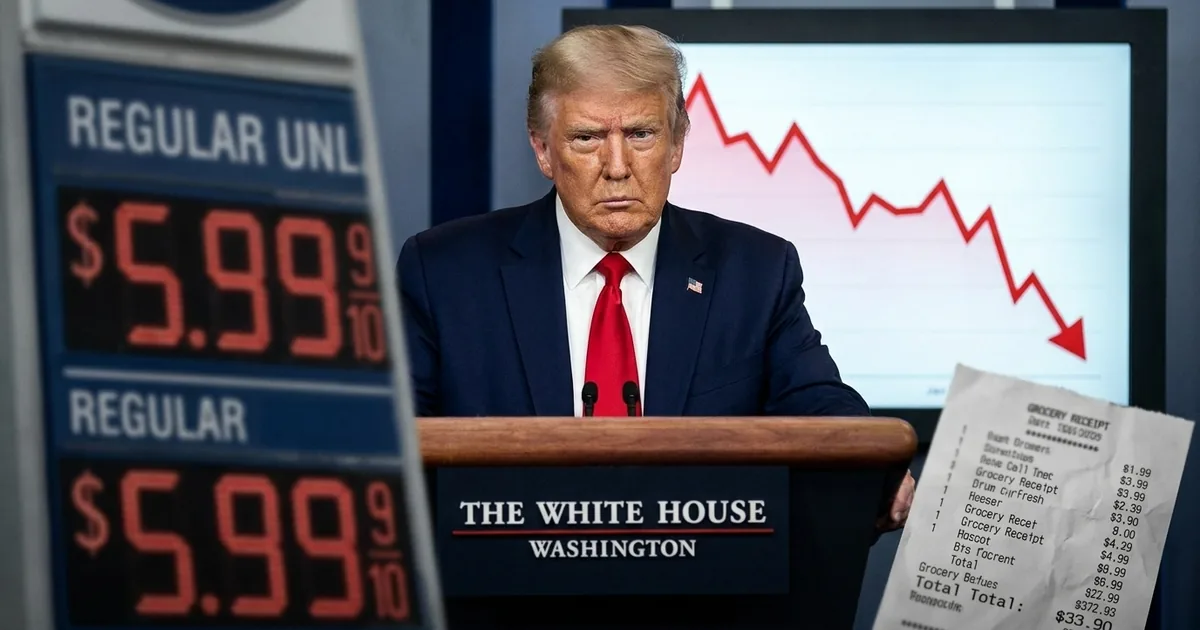 Donald Trump at a White House podium in front of a falling red chart, with a gas price sign showing 5.99 dollars and a grocery receipt in the foreground