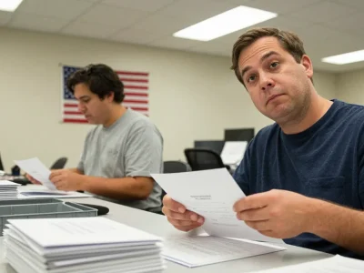 Two county election workers at a long table sorting mail-in ballot envelopes, one looking toward the camera