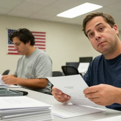 Two county election workers at a long table sorting mail-in ballot envelopes, one looking toward the camera