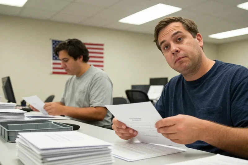 Two county election workers at a long table sorting mail-in ballot envelopes, one looking toward the camera