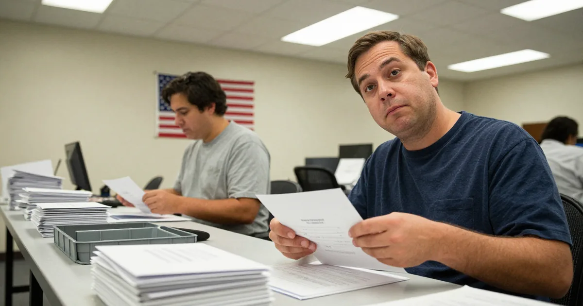 Two county election workers at a long table sorting mail-in ballot envelopes, one looking toward the camera