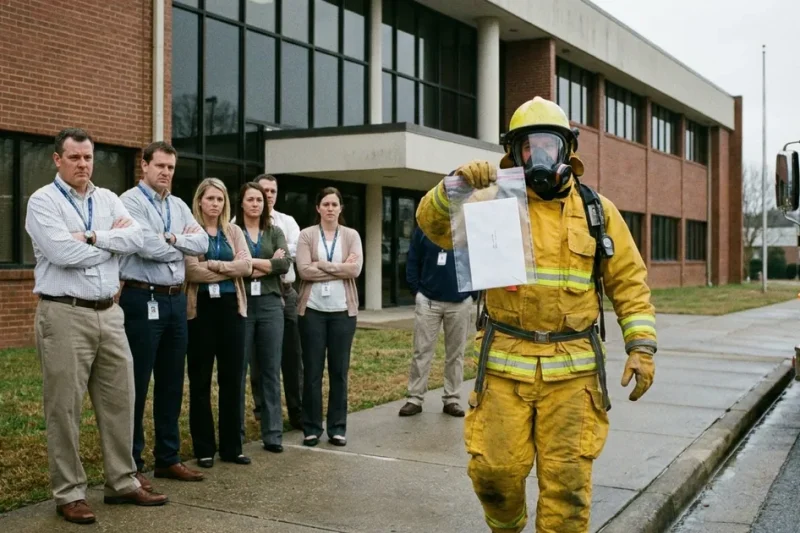 A firefighter in a yellow hazmat suit and respirator carries a sealed evidence bag holding a white envelope past office workers standing outside a brick government building, with a fire engine at the curb
