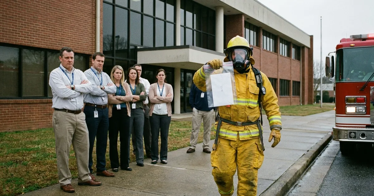 A firefighter in a yellow hazmat suit and respirator carries a sealed evidence bag holding a white envelope past office workers standing outside a brick government building, with a fire engine at the curb