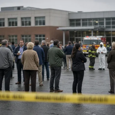 Evacuated office workers stand in a wet parking lot behind yellow caution tape outside a low-rise government building while a firefighter and a responder in a white protective suit confer beside a fire engine